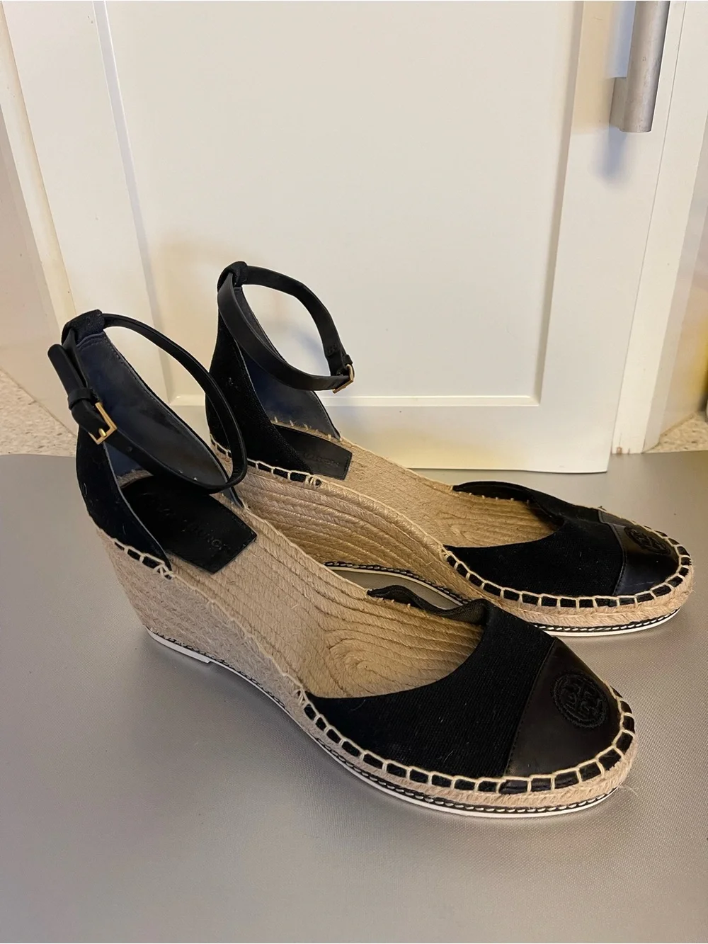 Tory Burch Black Espadrille Wedge Nappa Sandals w/ Ankle Strap Color Block Sz 11